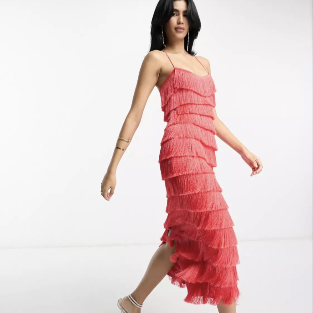 ASOS tiered midi fringed dress with cross back detail in hot pink